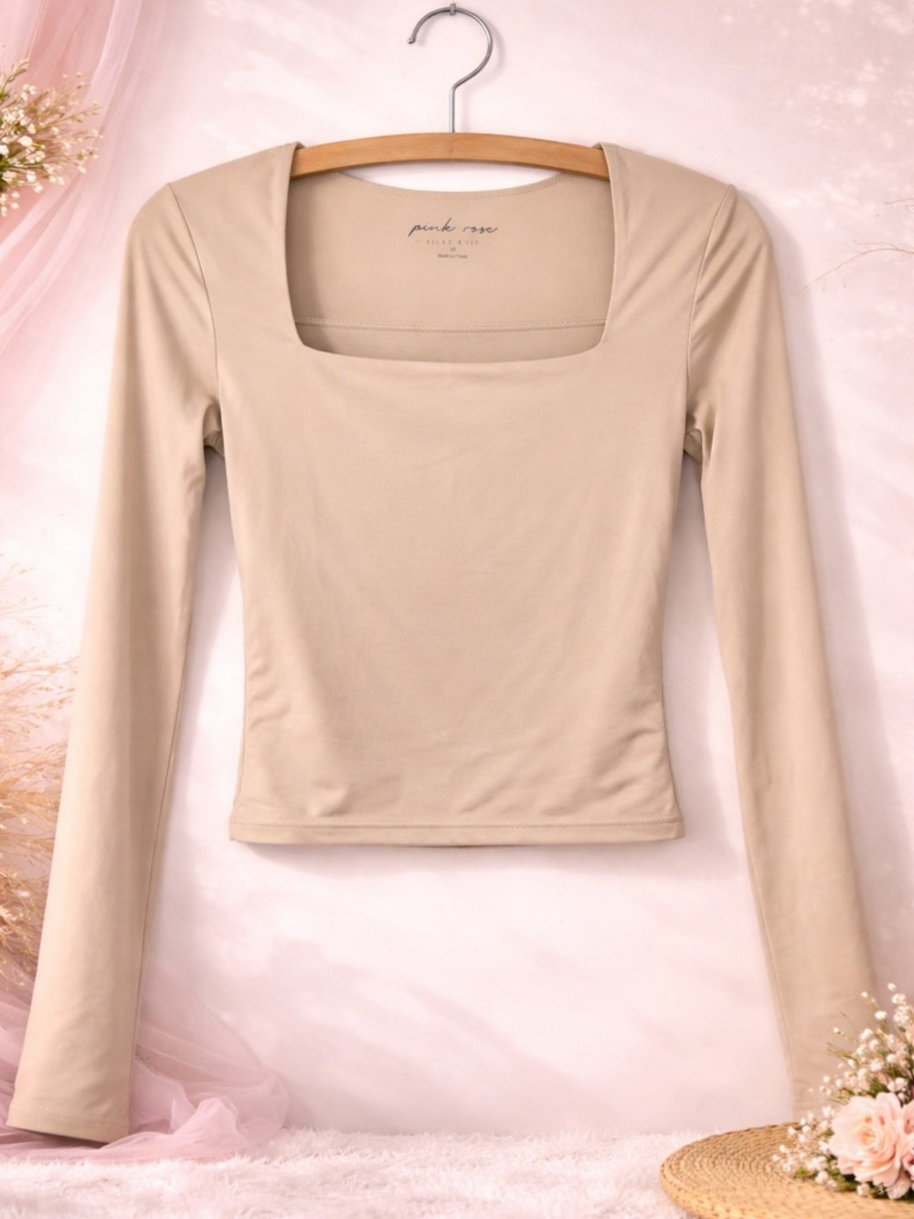 Beige Square Neck Long Sleeve Top M